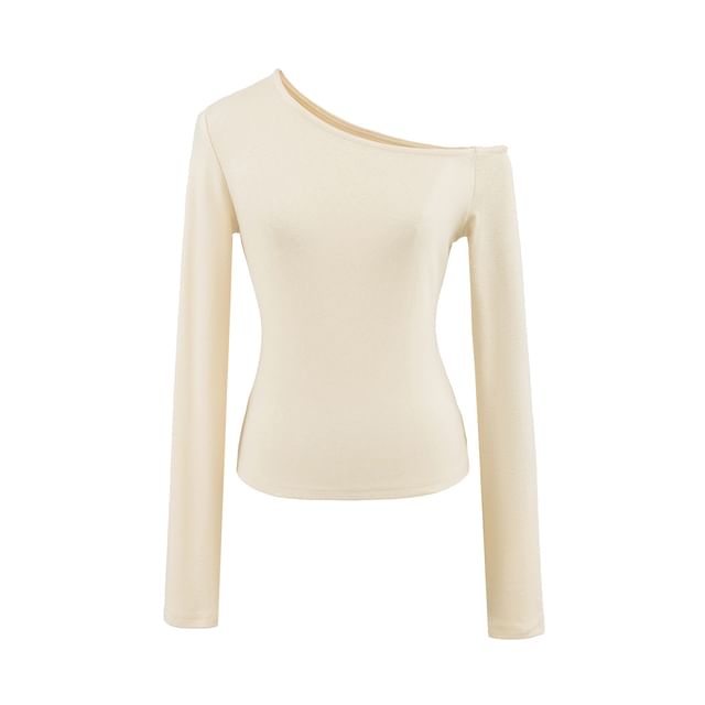 Cold-Shoulder Plain Slim Tee, Long-Sleeved