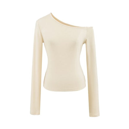Cold-Shoulder Plain Slim Tee, Long-Sleeved