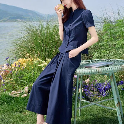 Puff-Sleeved Peplum Shirt & Wide-Leg High-Rise Pants Set