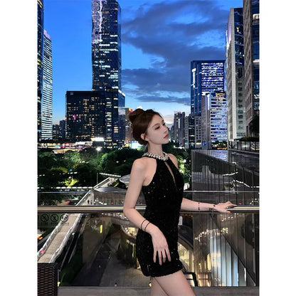 Sleeveless Round Neck Plain Beaded Sequin Cutout Mini Sheath Cocktail Dress