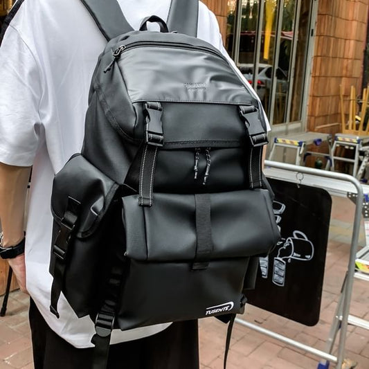 Leather Faux Backpack Buckled Lettering