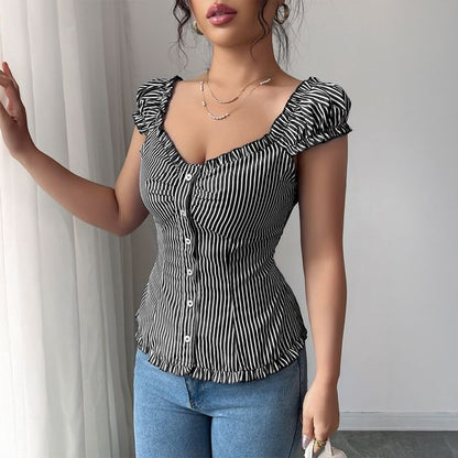 Striped Square-Neck Blouse with Ruffled Trim & Cap Sleeves