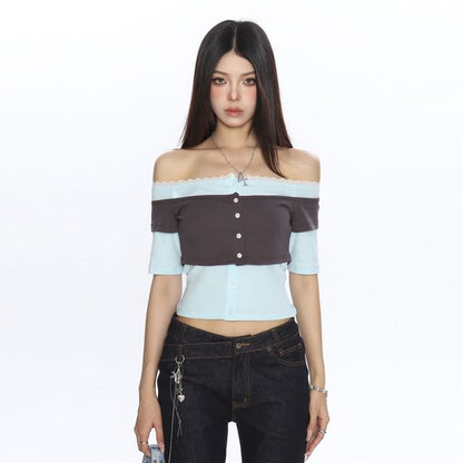 Two-Tone Lace-Trimmed Off-Shoulder Crop Tee with Mock Layering