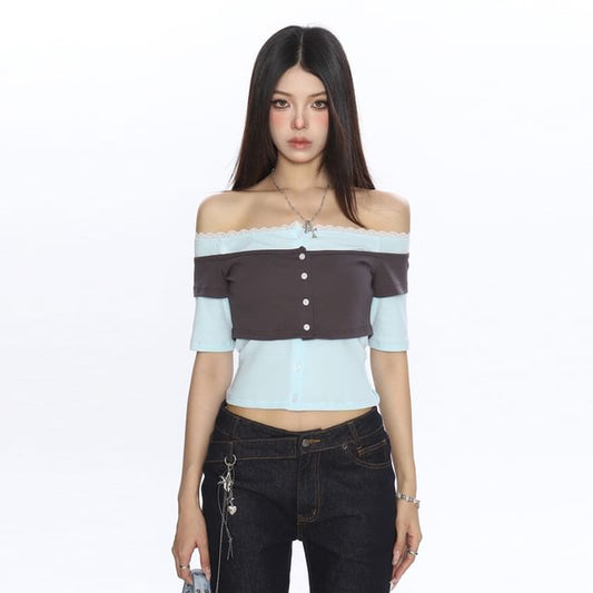 Two-Tone Lace-Trimmed Off-Shoulder Crop Tee with Mock Layering
