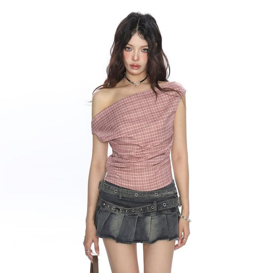 Plaid Ruched Off-Shoulder Tee with Cap Sleeves & Asymmetric Neck
