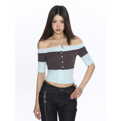 Two-Tone Lace-Trimmed Off-Shoulder Crop Tee with Mock Layering