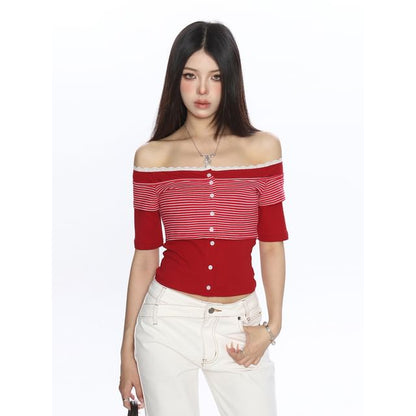 Two-Tone Lace-Trimmed Off-Shoulder Crop Tee with Mock Layering