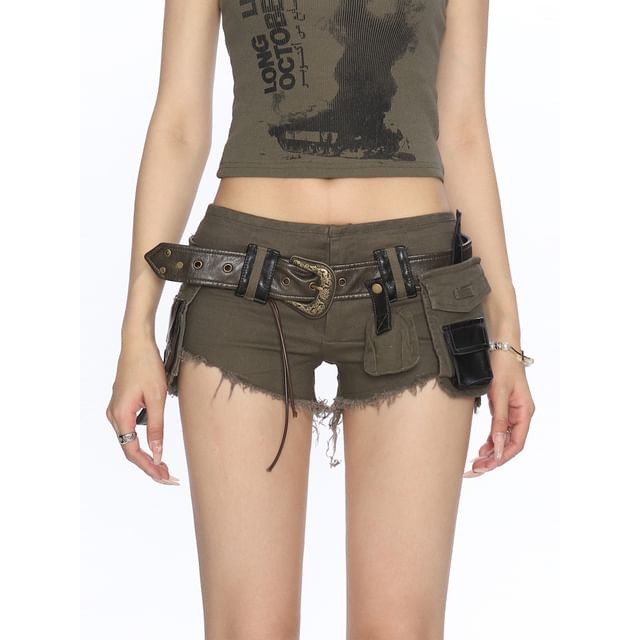 Low Rise Buckled Fringed Washed Denim Cargo Shorts