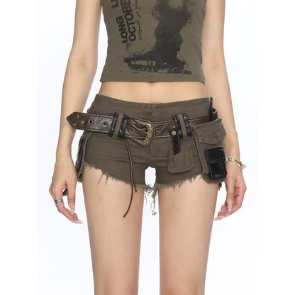 Low Rise Buckled Fringed Washed Denim Cargo Shorts