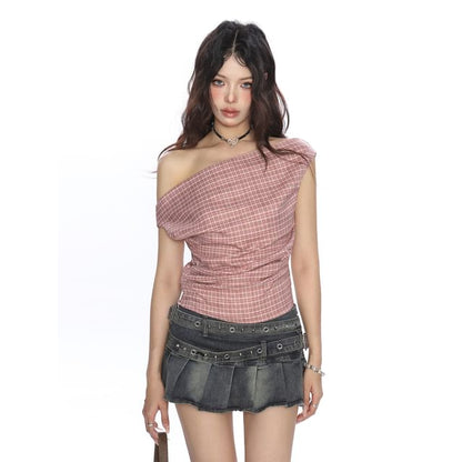 Plaid Ruched Off-Shoulder Tee with Cap Sleeves & Asymmetric Neck