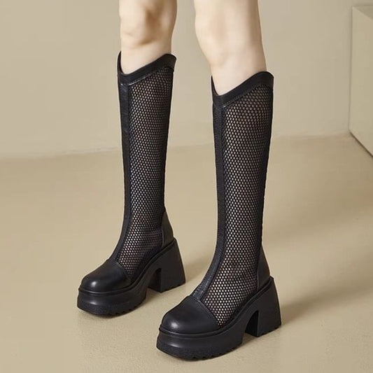 Block Platform Mesh Boots Heel Tall Plain