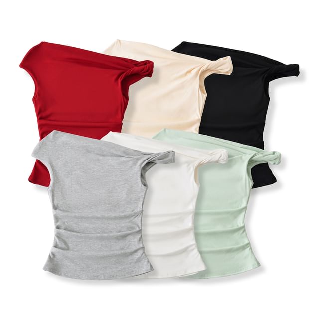 Off-Shoulder Asymmetric Cropped Plain Top, Short-Sleeved