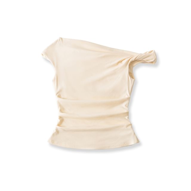 Off-Shoulder Asymmetric Cropped Plain Top, Short-Sleeved