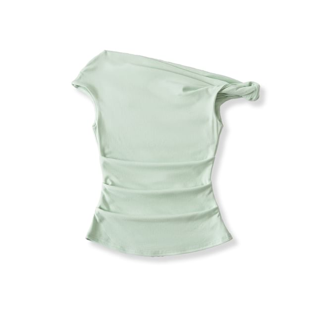 Off-Shoulder Asymmetric Cropped Plain Top, Short-Sleeved