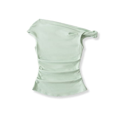 Off-Shoulder Asymmetric Cropped Plain Top, Short-Sleeved