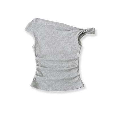 Off-Shoulder Asymmetric Cropped Plain Top, Short-Sleeved