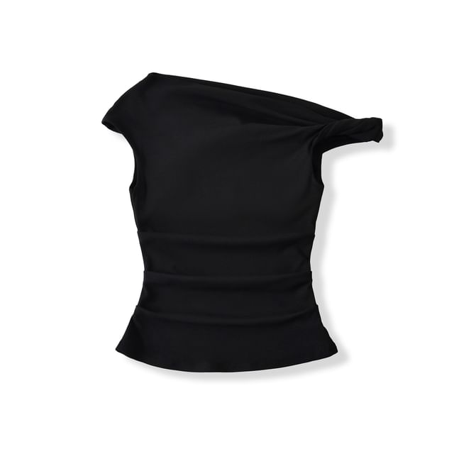 Off-Shoulder Asymmetric Cropped Plain Top, Short-Sleeved