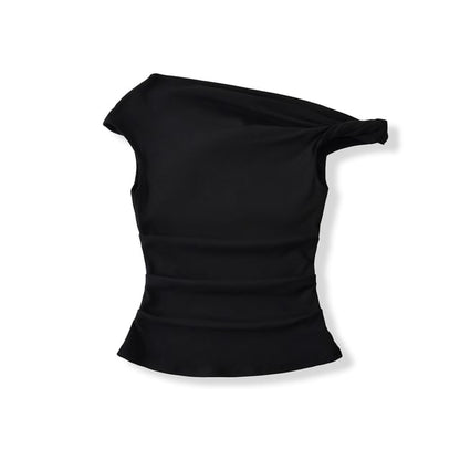 Off-Shoulder Asymmetric Cropped Plain Top, Short-Sleeved