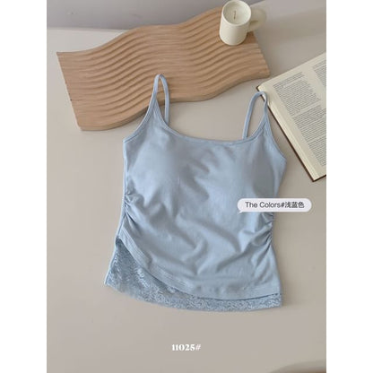 Ruched Lace-Paneled Padded Slim Camisole Top