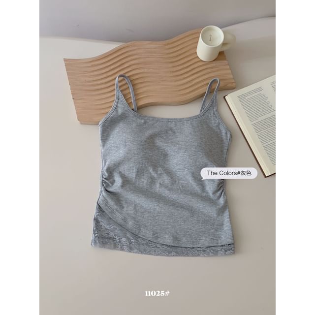 Ruched Lace-Paneled Padded Slim Camisole Top