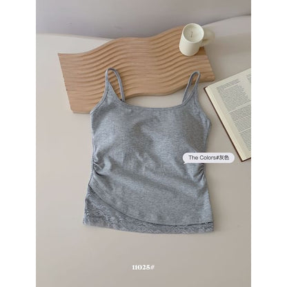 Ruched Lace-Paneled Padded Slim Camisole Top