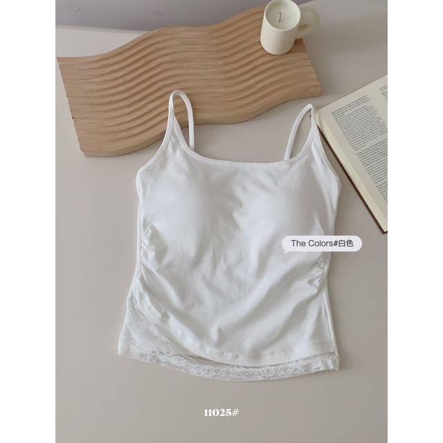 Ruched Lace-Paneled Padded Slim Camisole Top