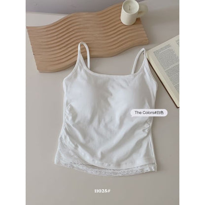 Ruched Lace-Paneled Padded Slim Camisole Top