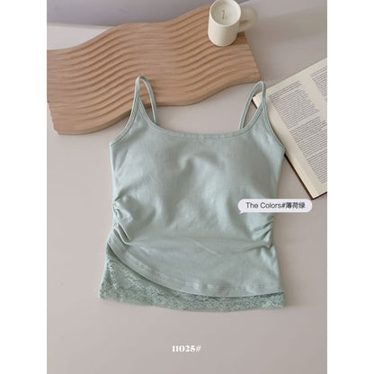 Ruched Lace-Paneled Padded Slim Camisole Top
