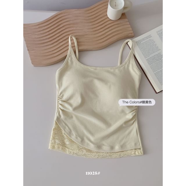 Ruched Lace-Paneled Padded Slim Camisole Top