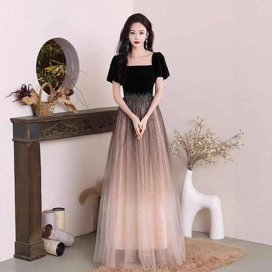 Mesh Square A-Line Panel Gown Evening Puff-Sleeve Neck