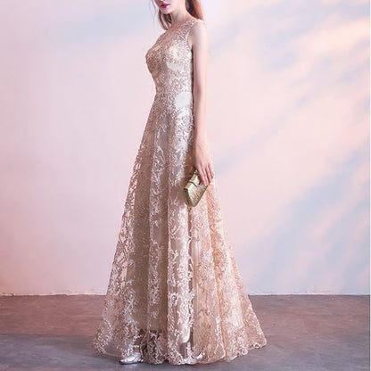 Embroidered Gown Neck Crew 3/4-Sleeve A-Line Evening Mesh Sleeveless /