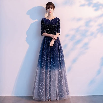 3/4-Sleeve Notch Neck Gradient Glitter A-Line Evening Dress / Short-Sleeve Evening Dress