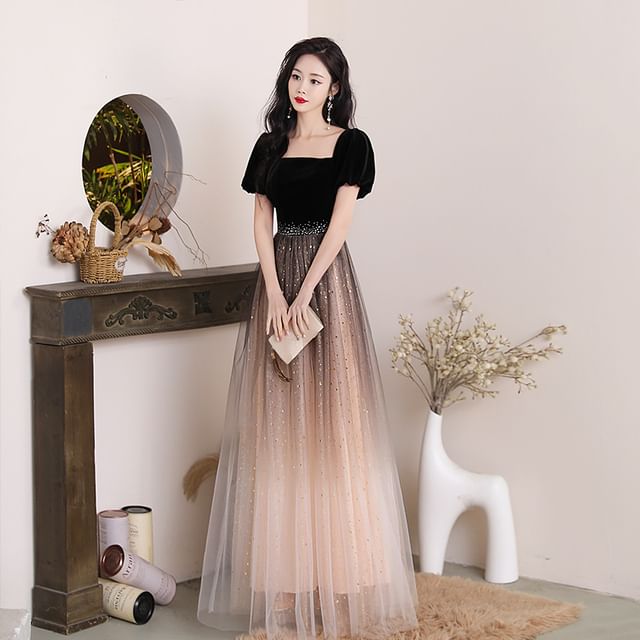 Puff-Sleeve Square Neck Mesh Panel A-Line Evening Gown
