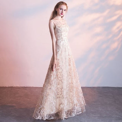 Embroidered Gown Neck Crew 3/4-Sleeve A-Line Evening Mesh Sleeveless /