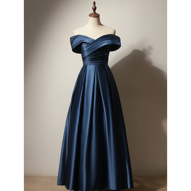 Off-Shoulder Plain Ruched Pleated Satin A-Line Evening Gown