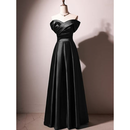 Off-Shoulder Plain Ruched Pleated Satin A-Line Evening Gown