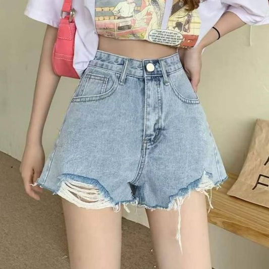 High Waist Washed Distressed Denim Shorts
