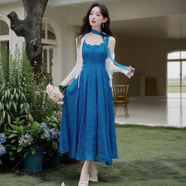 Spaghetti Strap Scoop Neck Floral Embroidered Midi A-Line Dress / Plain Lace Trim Tie Front Cardigan / Skinny Scarf / Set