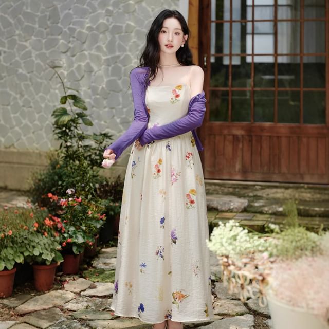 Spaghetti Strap Square Neck Floral Print Maxi A-Line Dress / Plain Crop Cardigan / Set