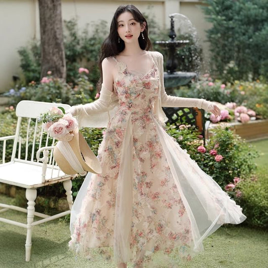 Spaghetti Strap V-Neck Floral Print Sheer Panel Ruffle Trim Maxi A-Line Dress / Lace Trim Tie Front Cardigan / Set