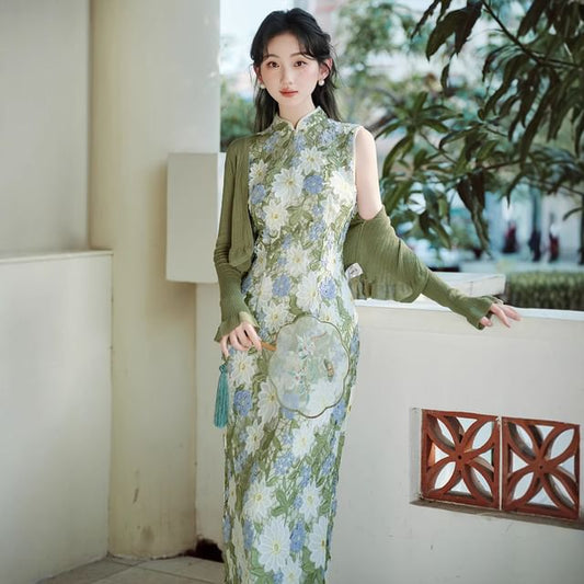 Sleeveless Stand Collar Floral Lace Maxi Sheath Qipao / Plain Crop Cardigan / Set