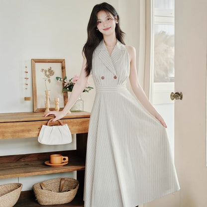 Halter Neck Notch Lapel Striped Buttoned Midi A-Line Dress / Plain Lettuce Edge Crop Cardigan / Set