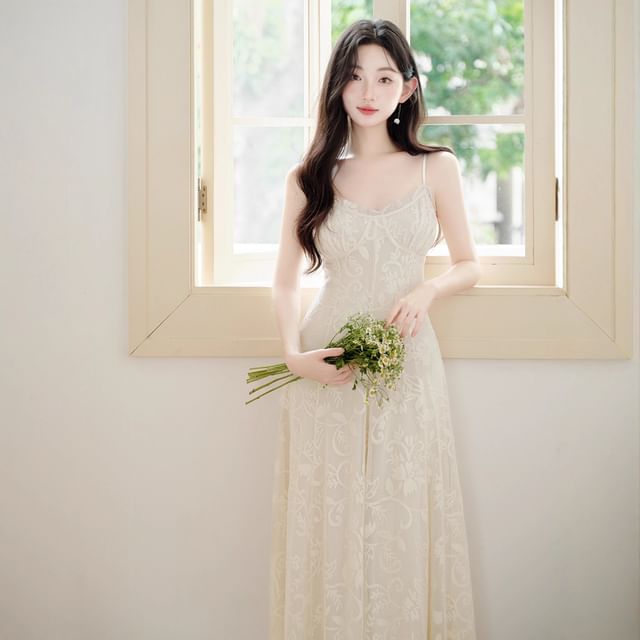 Spaghetti Strap V-Neck Lace Maxi A-Line Dress / Plain Flower Accent Crop Cardigan / Set