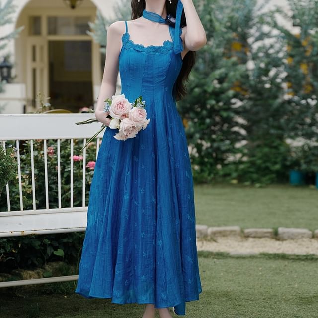 Spaghetti Strap Scoop Neck Floral Embroidered Midi A-Line Dress / Plain Lace Trim Tie Front Cardigan / Skinny Scarf / Set