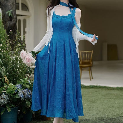 Spaghetti Strap Scoop Neck Floral Embroidered Midi A-Line Dress / Plain Lace Trim Tie Front Cardigan / Skinny Scarf / Set
