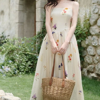 Spaghetti Strap Square Neck Floral Print Maxi A-Line Dress / Plain Crop Cardigan / Set