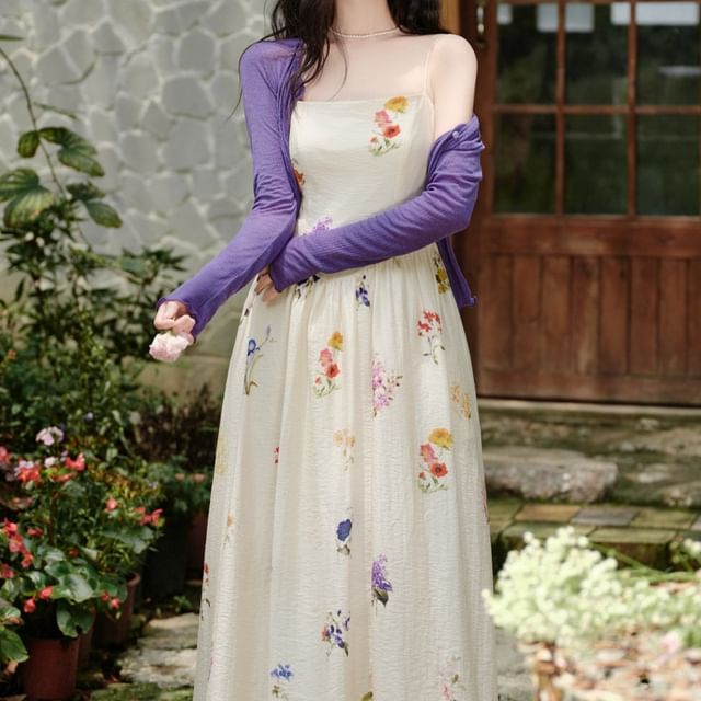 Spaghetti Strap Square Neck Floral Print Maxi A-Line Dress / Plain Crop Cardigan / Set
