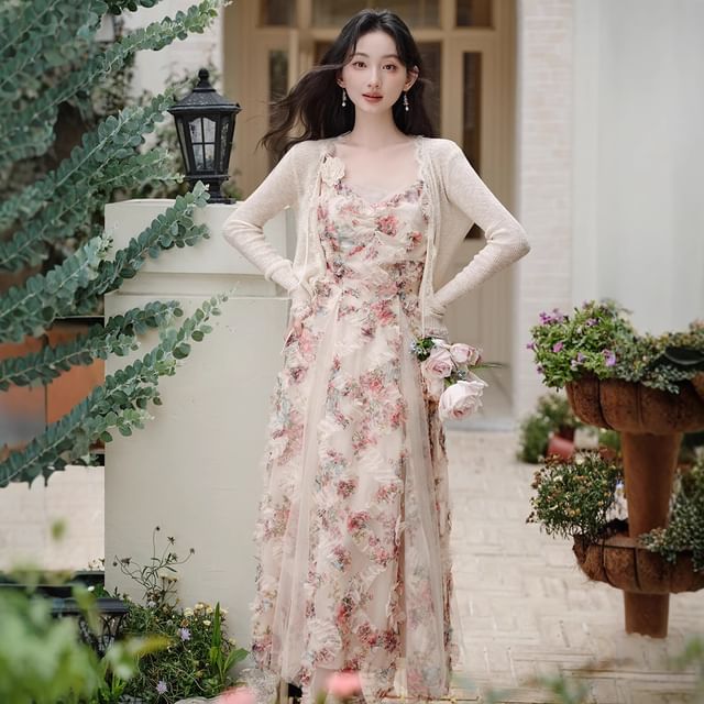 Spaghetti Strap V-Neck Floral Print Sheer Panel Ruffle Trim Maxi A-Line Dress / Lace Trim Tie Front Cardigan / Set