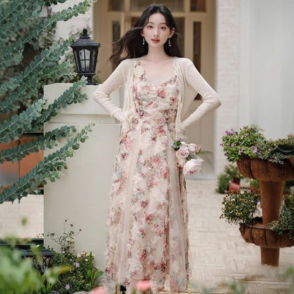 Spaghetti Strap V-Neck Floral Print Sheer Panel Ruffle Trim Maxi A-Line Dress / Lace Trim Tie Front Cardigan / Set