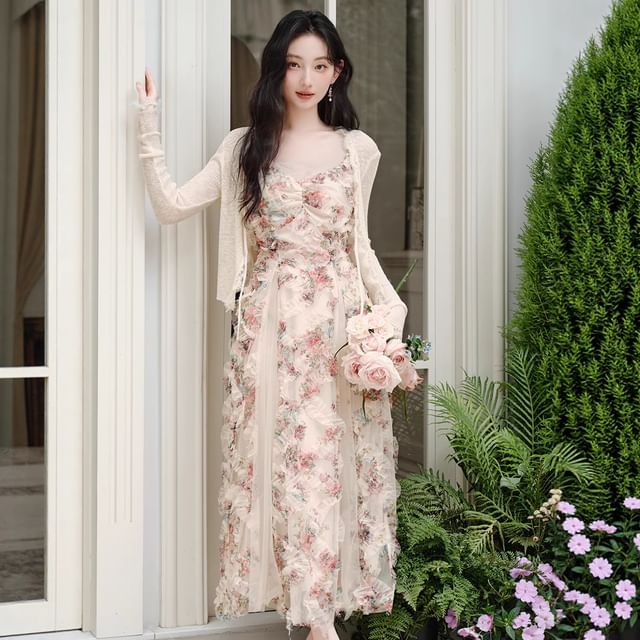 Spaghetti Strap V-Neck Floral Print Sheer Panel Ruffle Trim Maxi A-Line Dress / Lace Trim Tie Front Cardigan / Set